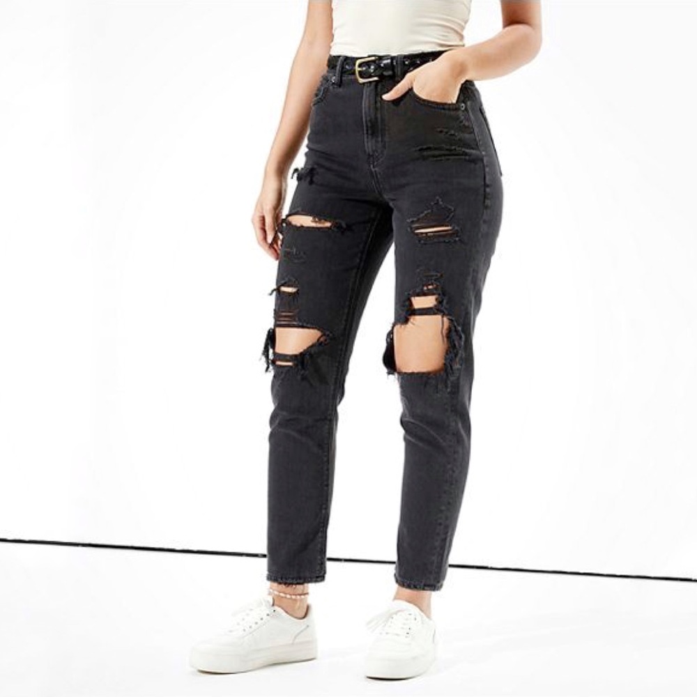 American Eagle High Waisted Distressed Mom Jean Black Size 10 Black